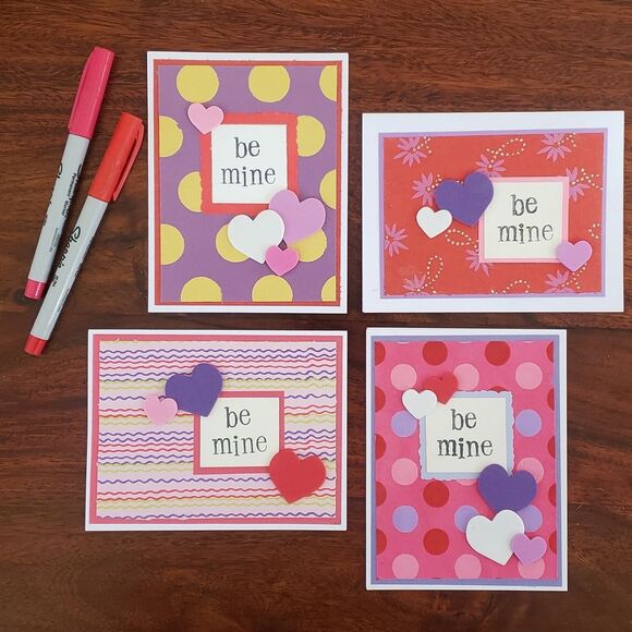 Handmade Other - 💐 HANDMADE by vixen676 Valentine's Day Cards "Be Mine" Set of 4 Red Pink Purple